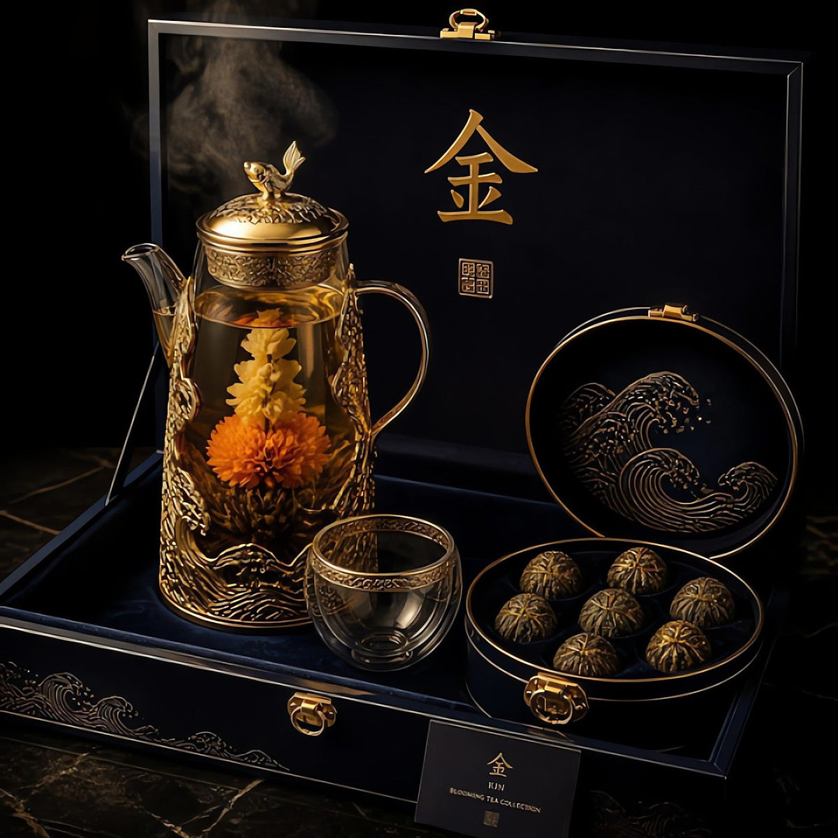 Glass cup with a blooming tea flower and gold rim