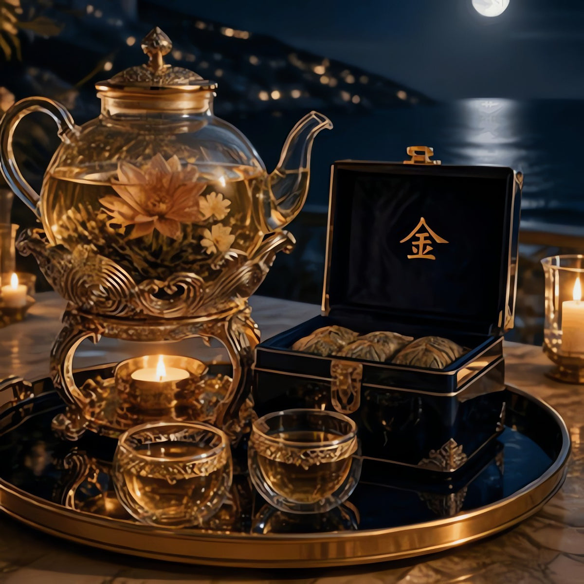 Large glass teapot on a gold warmer with six cups
