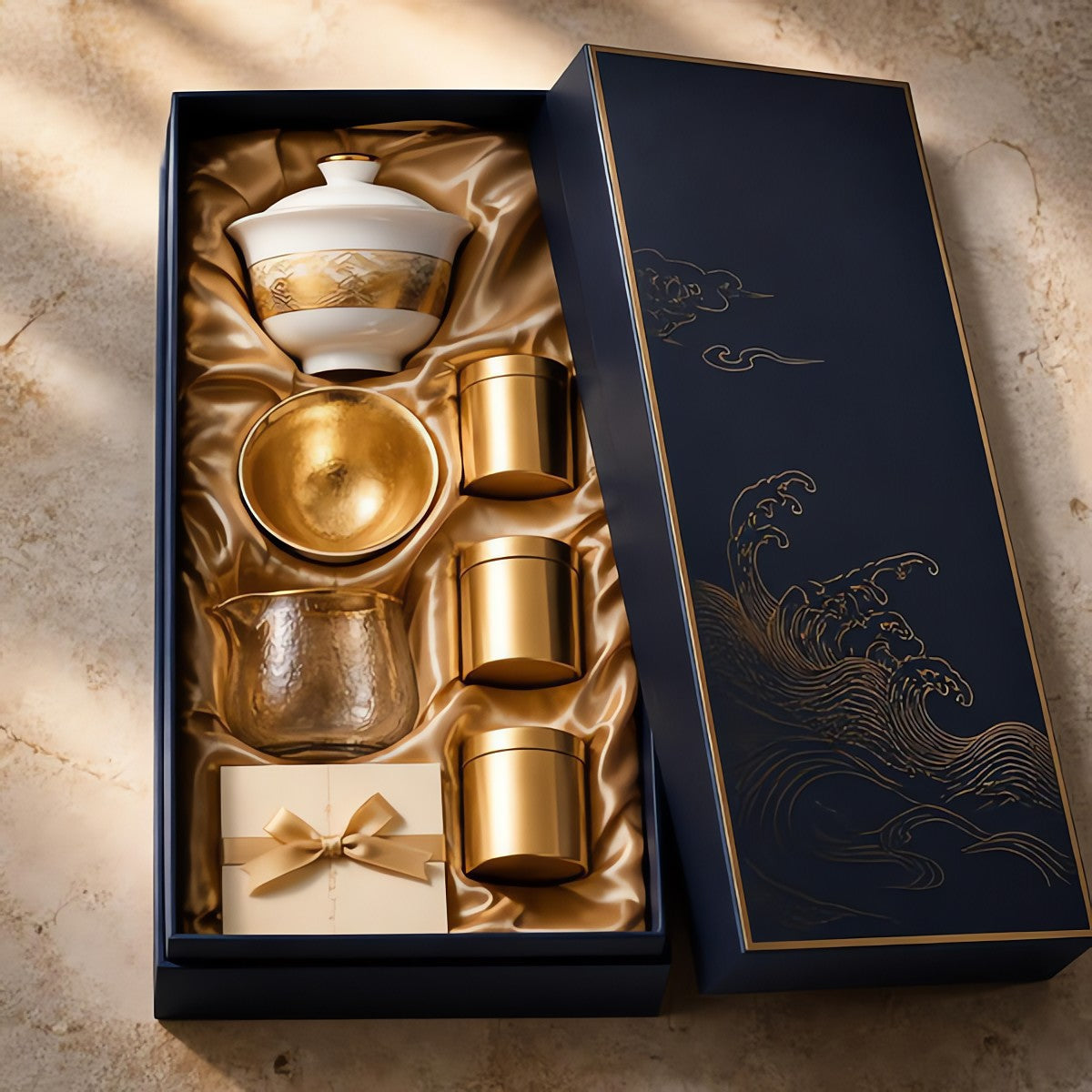 Tea set for one in a slim navy and gold gift box