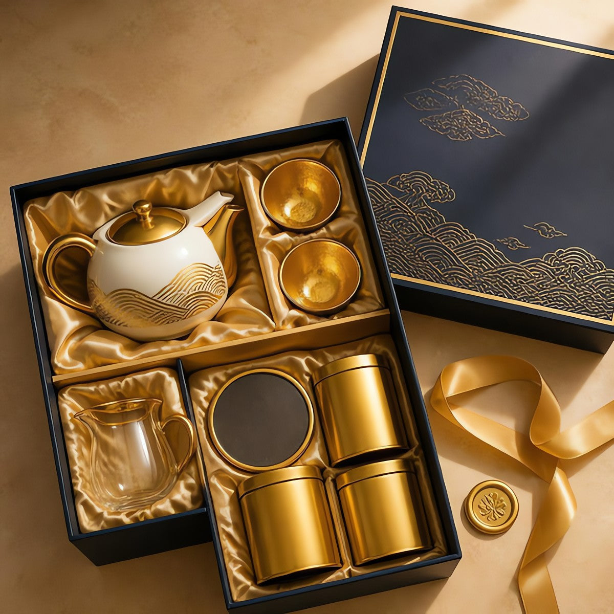 Tea set for two in a two-level navy gift box