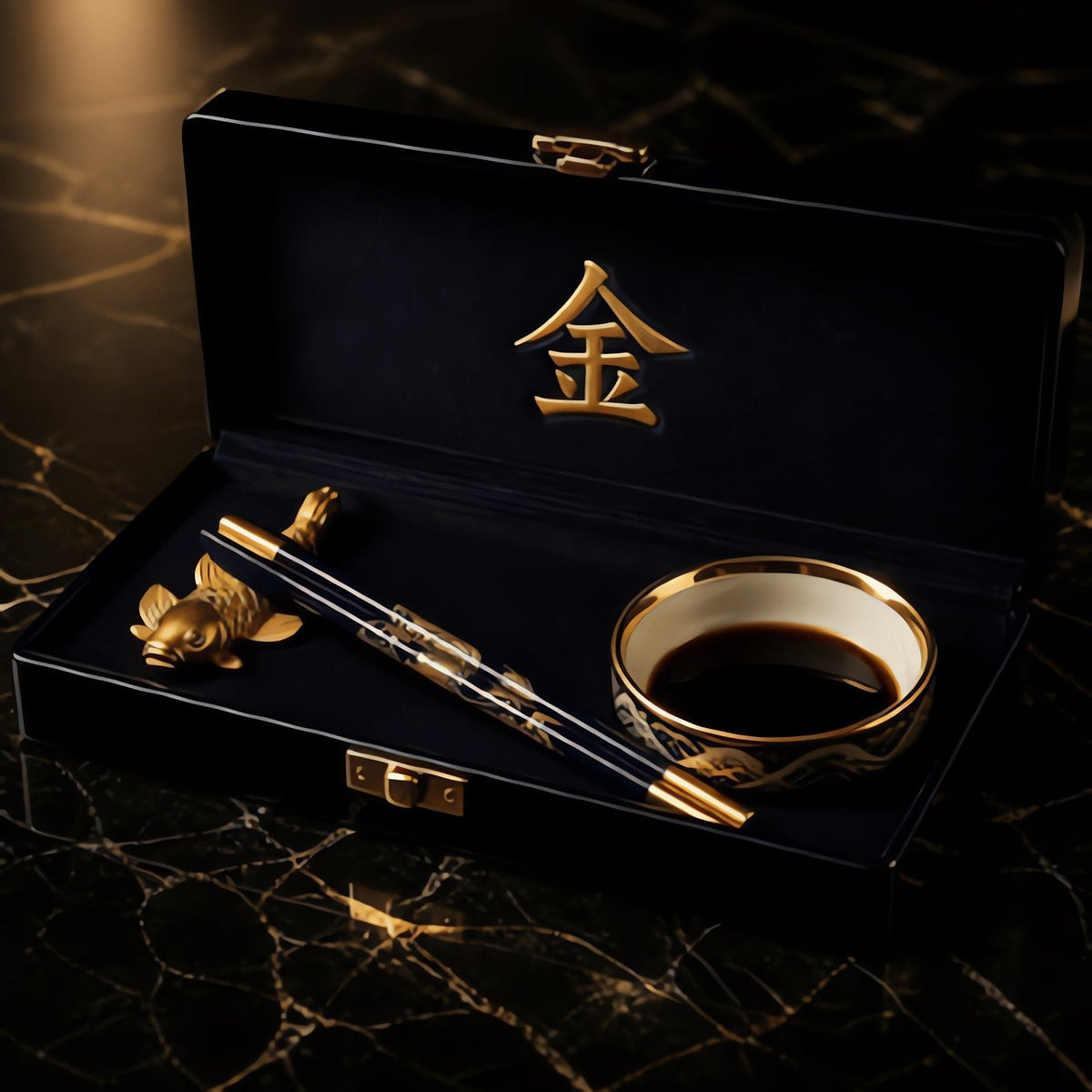Chopsticks with gold tips on a koi rest with a soy dish
