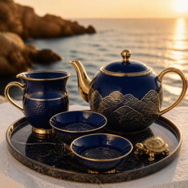 Aegean tea set in sea-blue porcelain with gold waves