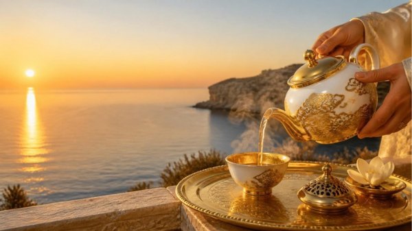 Gold teapot pouring tea at sunset over the sea