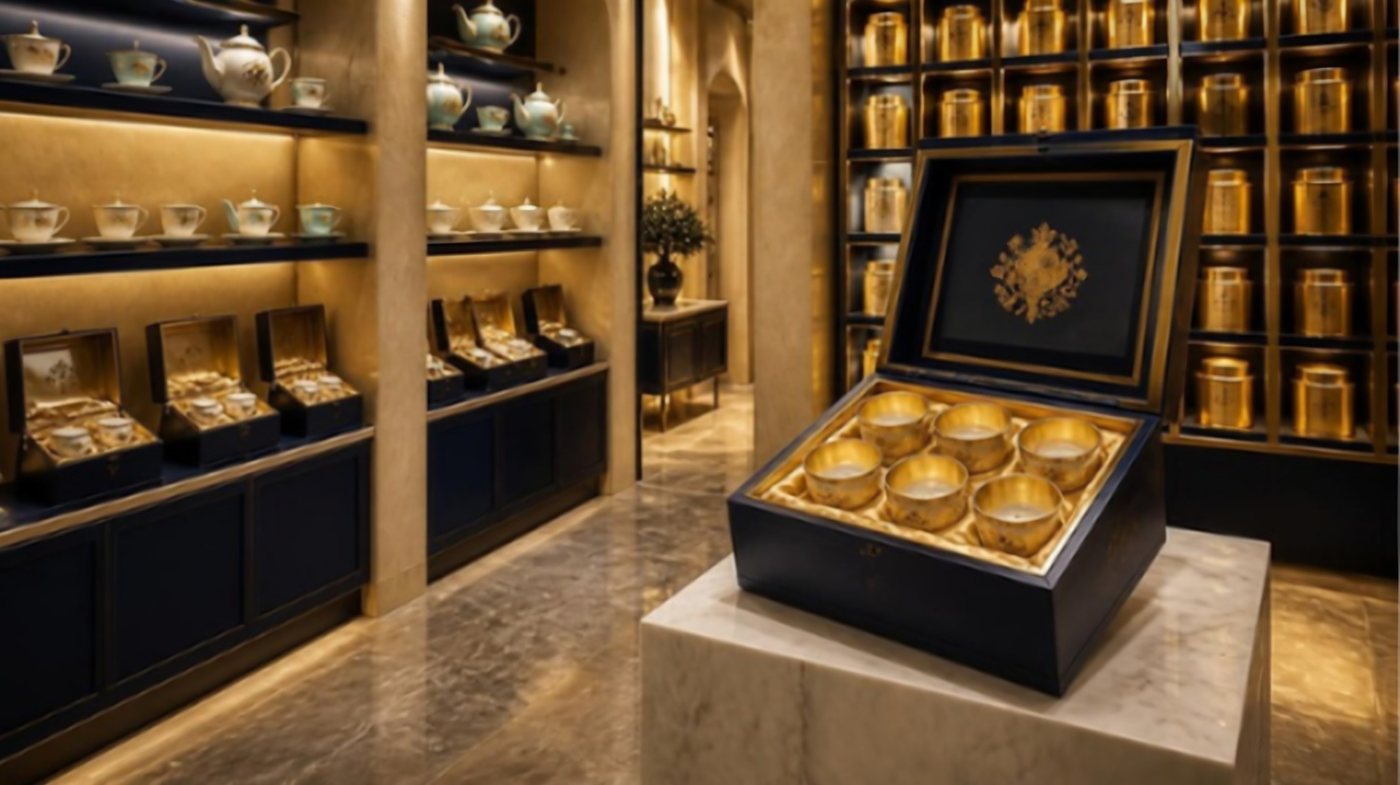 Boutique with gold tea sets and tins