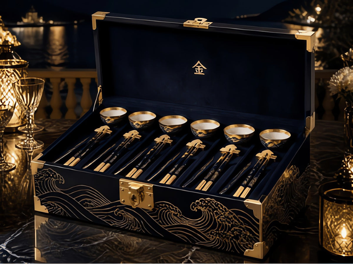 Six chopstick sets in a lacquered chest