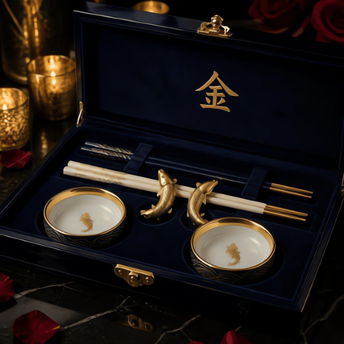 Two pairs of chopsticks with koi rests and soy dishes