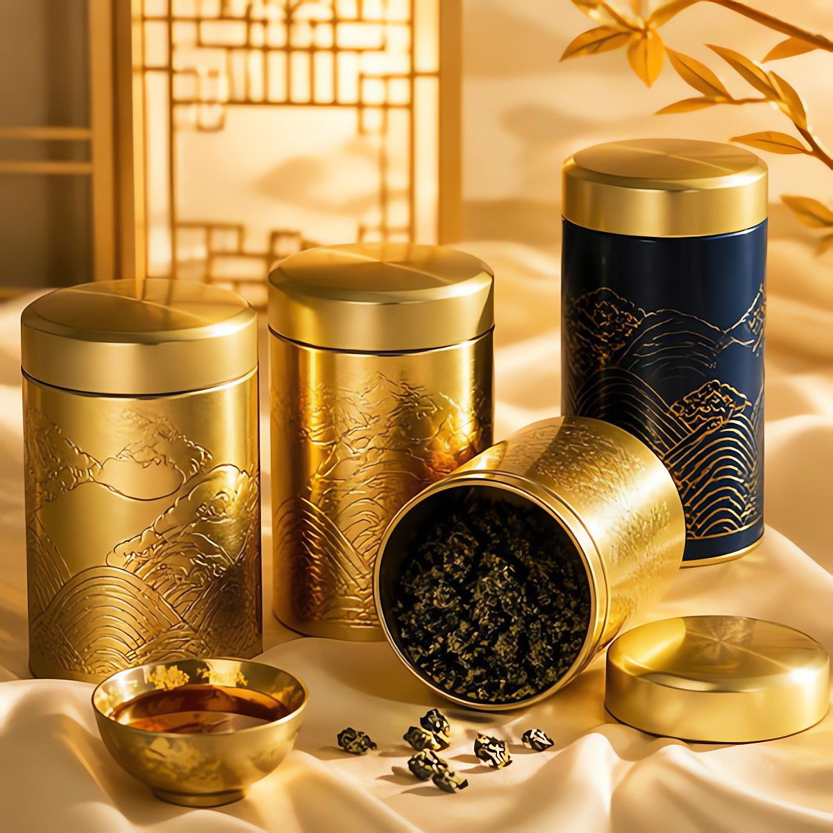 Aged Pu-erh in a gold Jin Thalassa tea tin