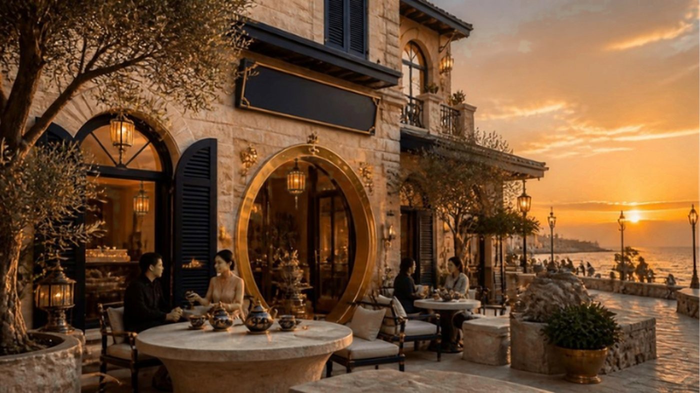 Tea house exterior on a seafront at sunset