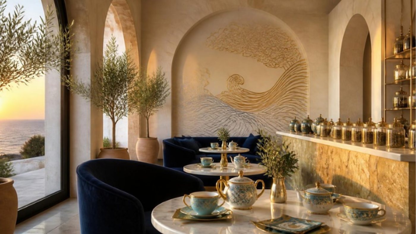 Tea house interior with navy banquettes and a gold wave mural